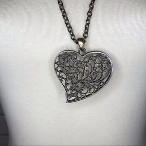 Vintage Filigree Boho Heart on suede chain, long